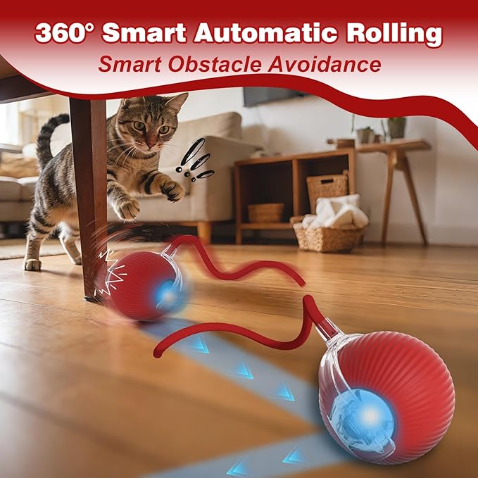 Interactive Dog Cat Toys Balls 360° Smart Automatic Rolling Interactive Rolling Ball Cat Toy Pet Ball Fast Moving Toy for Dog and Cat(Red)