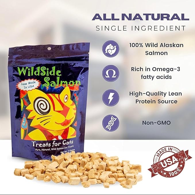 WildSide Salmon - Wild Alaskan Salmon Freeze Dried Cat Treats - Healthy and Organic Cat Food - 3 Ounces (3 Pack)