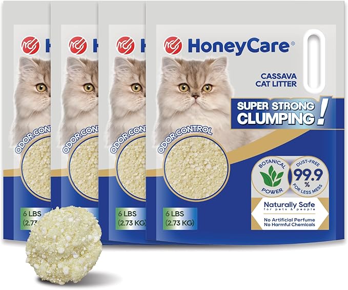 HoneyCare Cassava Cat Litter | Natural Plant-Based Litter | Quick Clumping & Low Dust | Superior Odor Control | 24-lbs Value Pack (6 lbs x 4)