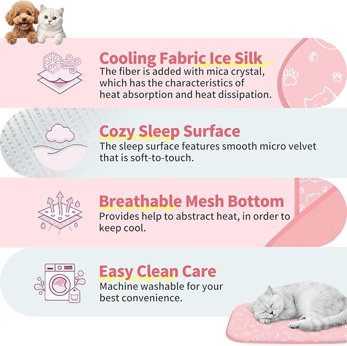 NWK Pet Cooling Mat -Q-Max>0.345 Ice Silk Cooling Mat for Dogs & Cats Portable & Washable Pet Cooling Blanket, Car Seats, Beds for Summer (Pink Cat, 20'' X 16'' X 0.3'')
