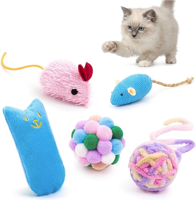 5Pcs Cats Toys Set, Interactive Kitten Toy for Indoor Kitty with Fuzzy Bell Balls Crinkle Catnip-Filled Toys Ball of Yarn Mice for Boredom Relief & Exercise - Mixed Color