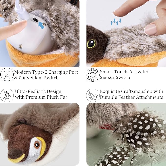 Flapping Chirping Bird Cat Toy(Non-Flying), USB Charging,Touch Activated Plush Toy,Simulates Bird Wing Flapping and Sounds, for Cats,Dogs & Small Pets (Large, SPARROW-01)
