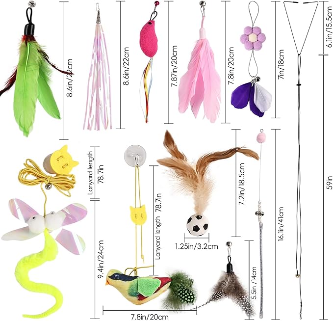 Cat Wand Toys for Indoor Cats to Relieve Boredom - 4-in-1 Interactive Teaser Wand with Realistic Bird Chirping Sound, Bouncy Ball & Feathers for Adult Cats and Kittens
