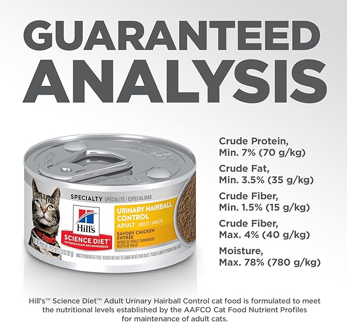 Hill's Science Diet Adult Urinary & Hairball Control Wet Cat Food, Chicken Minced, 2.9 oz. Cans, 12-Pack