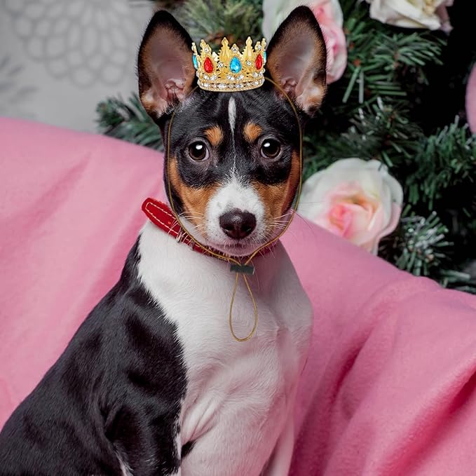 Abbylike Pet Princess Crown for Dog Cat Pink Halloween Costume with Adjustable Strap Gold Glitter Rhinestone King Crown Hat for Pet Birthday Party Adoption Celebration Photos Prop Cosplay Accessory(S)
