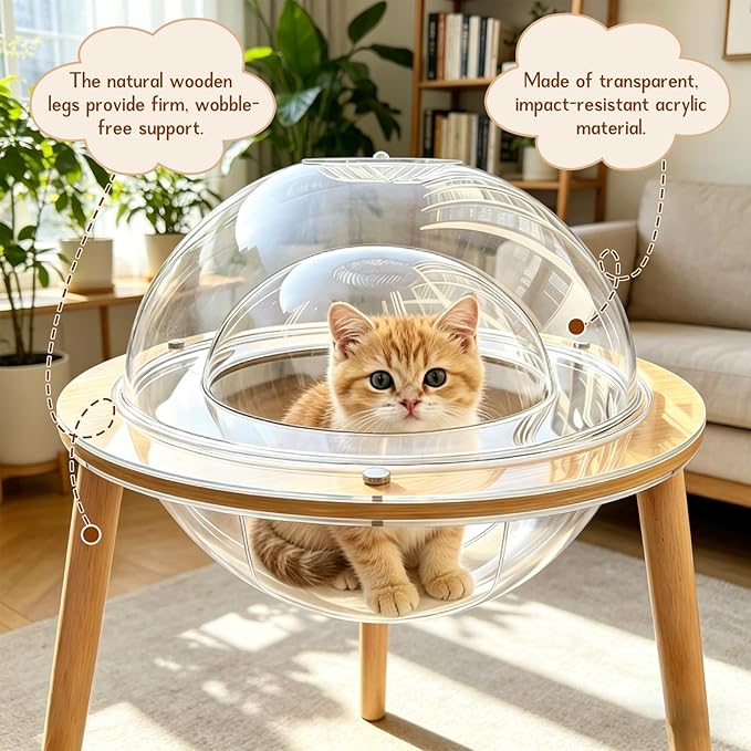 360°Immersive Transparent Cat Cave Bed, 2-in-1 Elevated Cat House with Cat TV Panoramic View,Heavy Duty Cat Furniture Enrichment Toy,Multi-Use Pet Bed Cave for Indoor Cats & Small Dogs