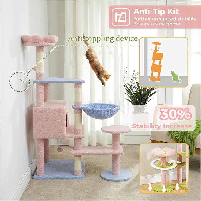 Flower Cat Tree 56 Inches，Large Cat Tower with Detachable Flower Cushions and Hiding Condo, Pink Cat Tree with Hammock Bed, Interactive Toys and Scratching Posts for Indoor Cats