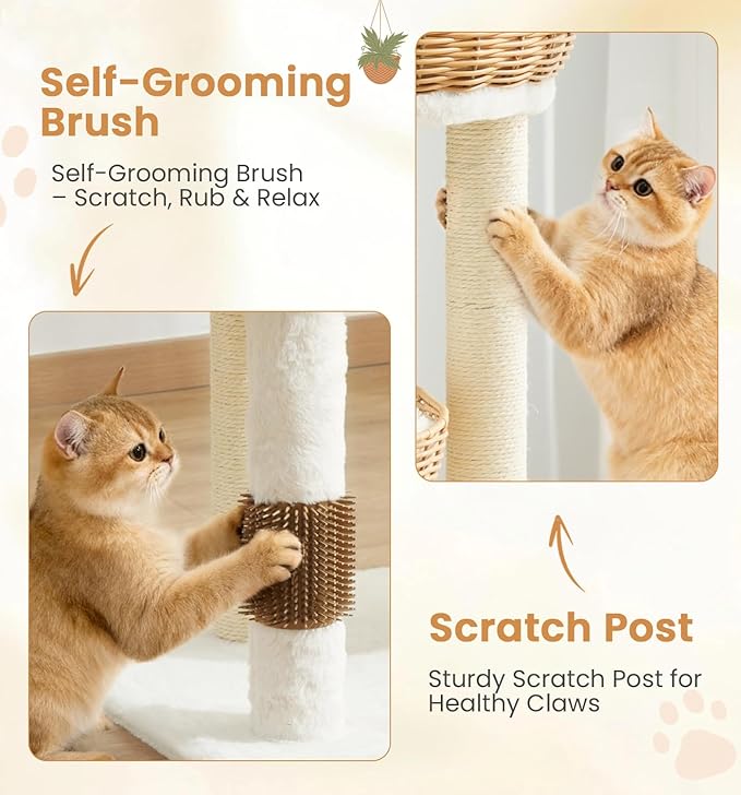 Made4Pets 32in PE Rattan Cat Tree Tower, 2 Large Handwoven Nest Baskets with Soft Cushions, Scratching Post, Stable Wicker Cat Tree with Groomer & Hanging Ball Toys for Adult and Kittens