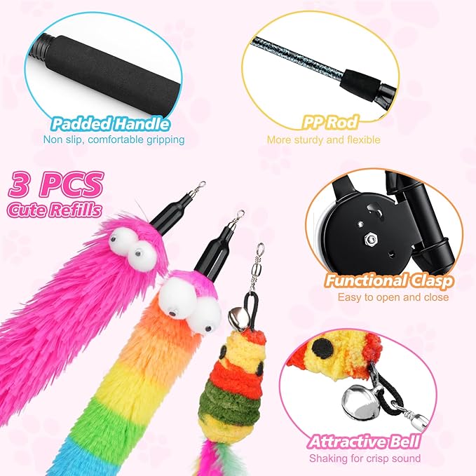 Pawaboo Cat Teaser Wand Toys, Cat Fishing Pole Toy with 3 Pack Feather Refills, 3-section Retractable Kitten Feather Toys with Pulley, Indoor Cats Teaser Catcher Exerciser with Bell,Rainbow + Rose Red