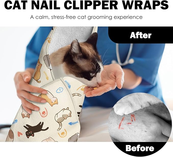 27.6"Cat Grooming Wrap, Self Adhesive Cat Wrap for Cutting Nails, Anti-Escape Calming Cat Swaddle Wrap for Medicine Ear Cleaning, Anti-Scratch Cats Burrito Restraint Blanket, Pet Tool (6-10 lbs)