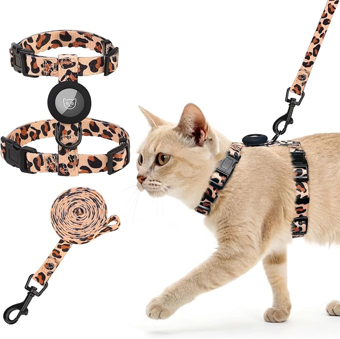 SCENEREAL Adjustable Cat Harness and Leash Set with AirTag Holder, Escape-Proof Design for Small to Large Cats, Lightweight Soft Travel Harness, Khaki Leopard