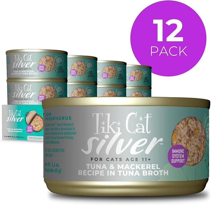 Tiki Cat Silver Wet Cat Food for Seniors, Tuna & Mackerel, 2.4 oz. Cans (12 Count)