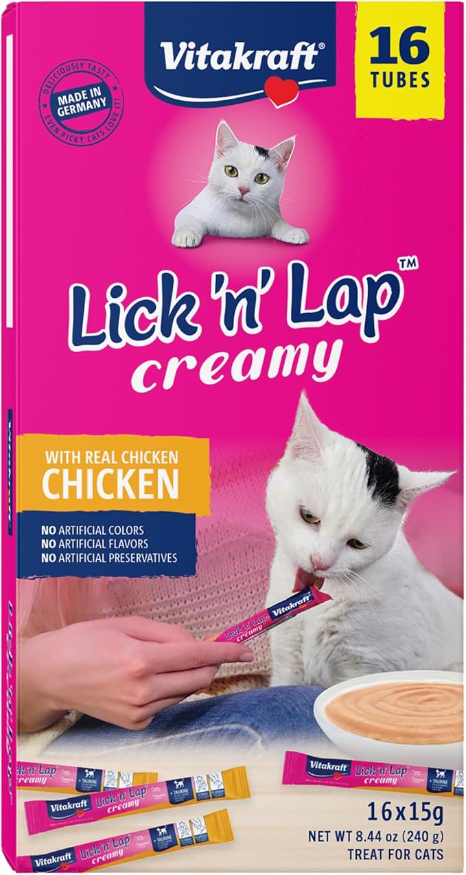 Vitakraft Lick 'N' Lap Real Chicken Squeezeable Liquid Cat Treats, Lickable, Chicken Broth #1 Ingredient, No Artificial Colors, Preservatives or Added Sugar, for Hydration, 0.52 oz. Tubes, 16 Count
