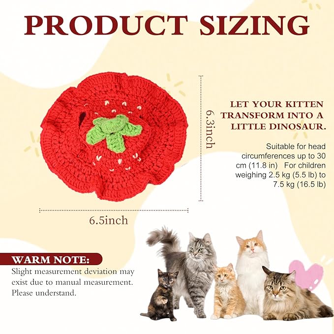 Strawberry Cat Hat, Cotton & Soft Cute Knitted Hats for Cats Birthday Party Christmas Puppy Hat for Small Pets (Red, M)