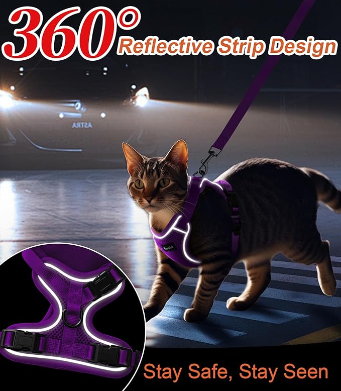Cat Harness and Leash for Walking Escape Proof Soft Adjustable Cat Leash Breathable Comfortable Vest Easy to Wear Kitten Harness for Outdoor Travel (Purple, XS (4-6lb))