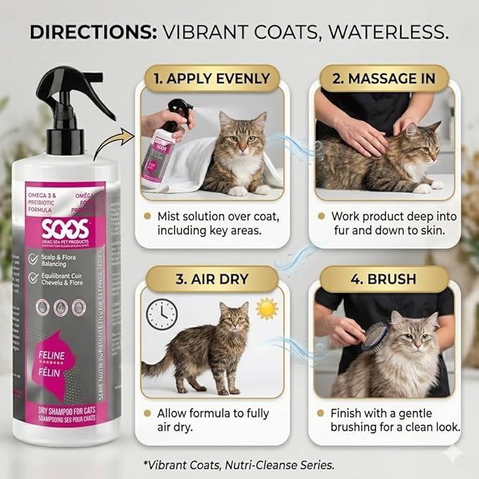SOOS Nutri-Cleanse Waterless Cat Shampoo - Grooming Spray Omega-3 Enriched Dry Foam for Coat Deodorizing & Cleaning - 473ml