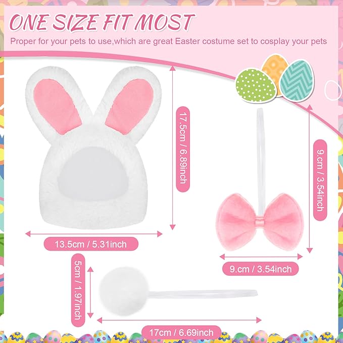 6 Pieces Easter Cute Costume Bunny Rabbit Hat with Ears Cat Bowtie Collar Tail for Cats and Small Dogs Party Costume Easter Pet Accessory Headwear