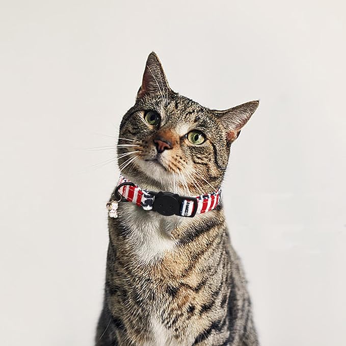 Elegant little tail Independence Cat Collar- 2 Pack Flag Print Cotton Breakaway Cat Collars with Bell Pendant Kitten Boy Girl Safety Adjustable Collar for Small Cats Puppy