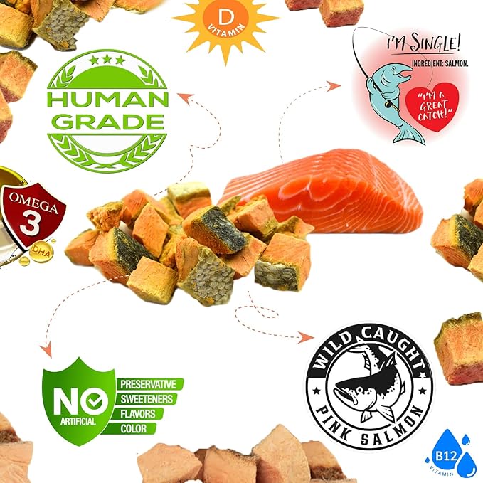 Freeze-Dried Wild-Caught Pink Salmon Treats for Dogs & Cats - Nutrient-Dense, Single-Ingredient Snack, Food Topper. Gluten-Free Weight Control, Training Bites, Allergy Friendly (2.5 Ounce, Salmon)