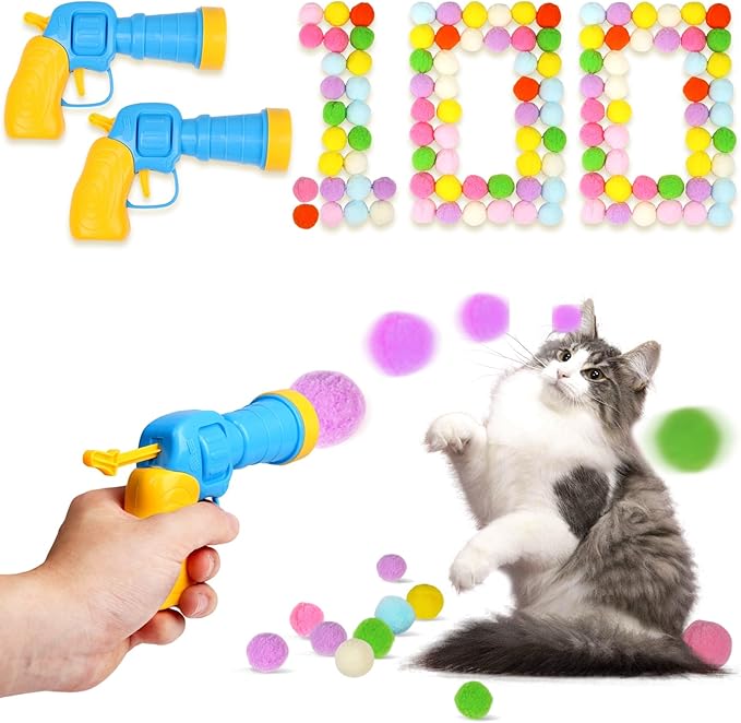 TEAWOO 100PCS Cat Ball Toys with 2 Launchers Set, Funny Interactive Cat Toys for Indoor Cats, Adult Cats & Kitten Toys