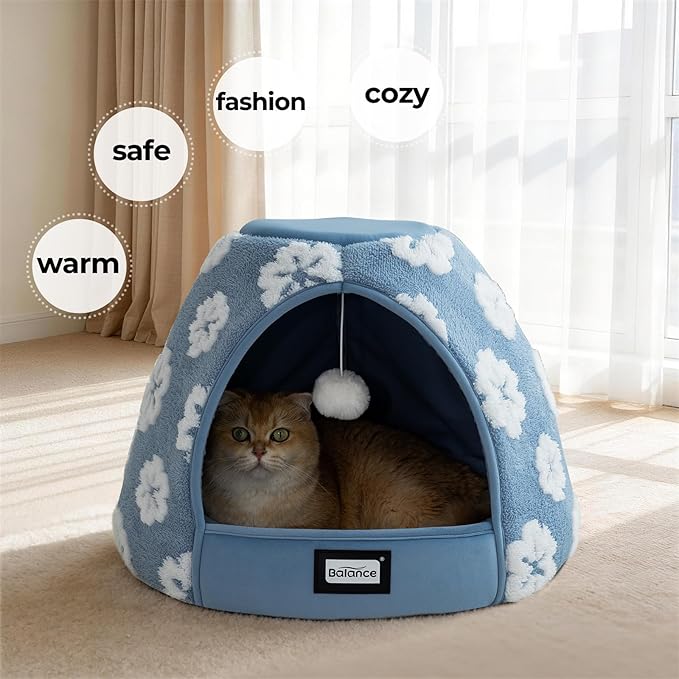 BALANCE Cat Beds for Indoor Cats, 2-in-1 Cat Bed Cave with Anti-Slip Bottom and Ultra-Soft Plush, Cozy Cats House Tent for Kittens and Small Dogs, 19 Inches, Blue