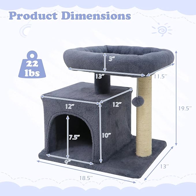 Tangkula Small Cat Tree for Indoor Cats, Cat Tower with Sisal Scratching Posts, Hanging Pompom, Cat Condo with Large Padded Plush Perch for Small Spaces, Kittens (Dark Grey)