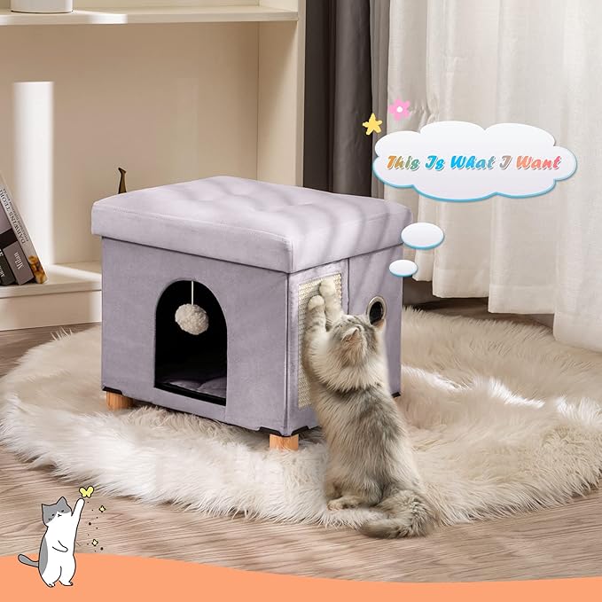BRIAN & DANY Cat House for Kitten,Cat Beds for Indoor Cats with Fluffy Ball Hanging and Scratch Pad, 14.7" x 14.1” x 12.7”, Light Gray