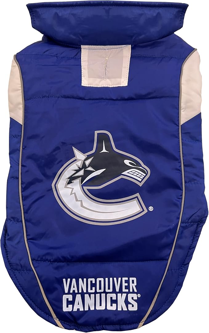 Pets First NHL Vancouver Canucks Puffer Vest for Dogs & Cats, Size Large. Warm, Cozy, and Waterproof Dog Coat, for Small and Large Dogs/Cats. Best NHL Licensed PET Warming Sports Jacket
