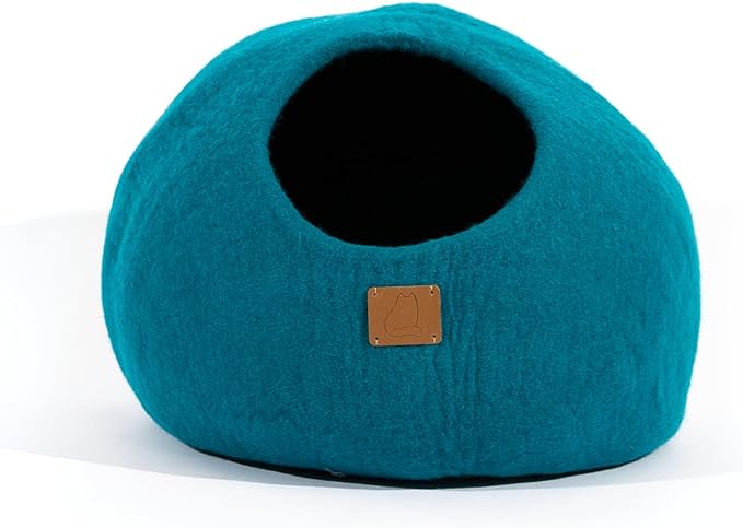 Best Aesthetic Cat Bed - Premium Felted Wool Cat Cave Bed - Cozy Peekaboo Round Cave for Large or Small Cats (Small, Ocean Blue)