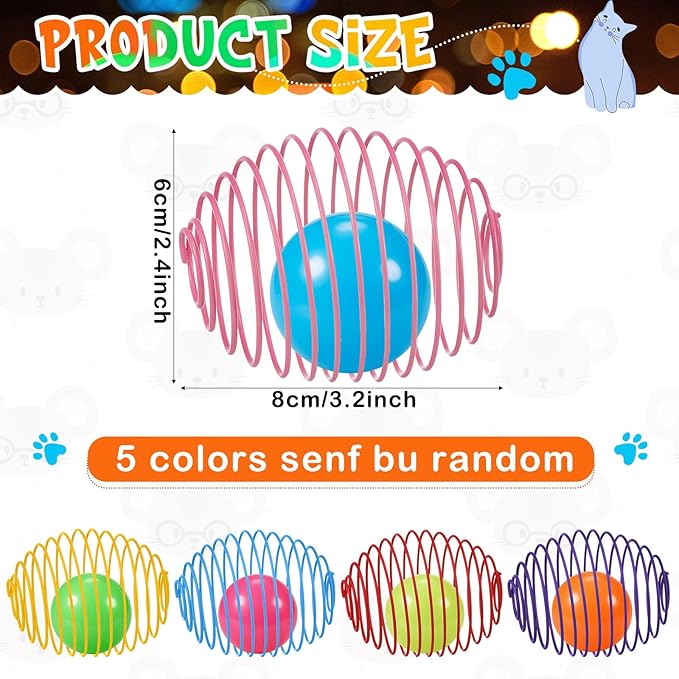 Jecery 5 Pcs Cat Spring Balls Toys Stretchable Rolling Balls Colorful Playful Coils Interactive Action Toy Caged Rats for Kitten Pet Supplies (Glow Ball,Multicolor)