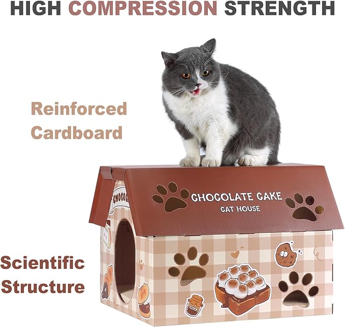 Cardboard Cat House with Scratcher – Chocolate Cake Design, 14''H x 18''L x 15.5''W, Sturdy Cat Playhouse for Indoor Cats up to 20 lbs, Fun Cat Hideout & Scratch Toy