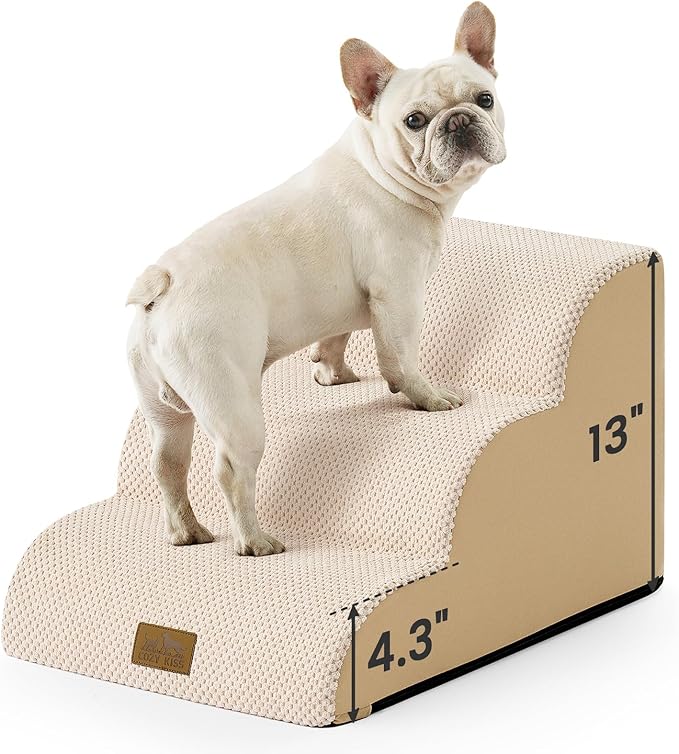 COZY KISS Dog Stairs for Small Dogs 13" H, 3-Step Slope Curved Dog Steps for Couch, Chair or Bed, Sturdy Pet Stairs for Puppy, Older Cat, Cat Ladder with High Density Foam, 15.7x20x13 inch, Beige
