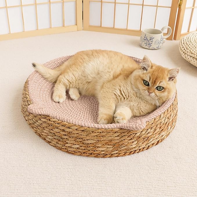 Woven Cat Scratch Bowl - Cotton Rope Round Cat Bed, Kitten Ear Design Scratching Board, Durable Claw Grinding Lounge Toy,