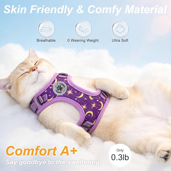 BEAUTYZOO Cat Harness, Escape Proof Cat Leash and Harness Set for Walking, Soft Breathable Vest Harness with Neck Adjustable, Reflective Easy-Control Kitten Harness for Cats (Star Design),Purple M