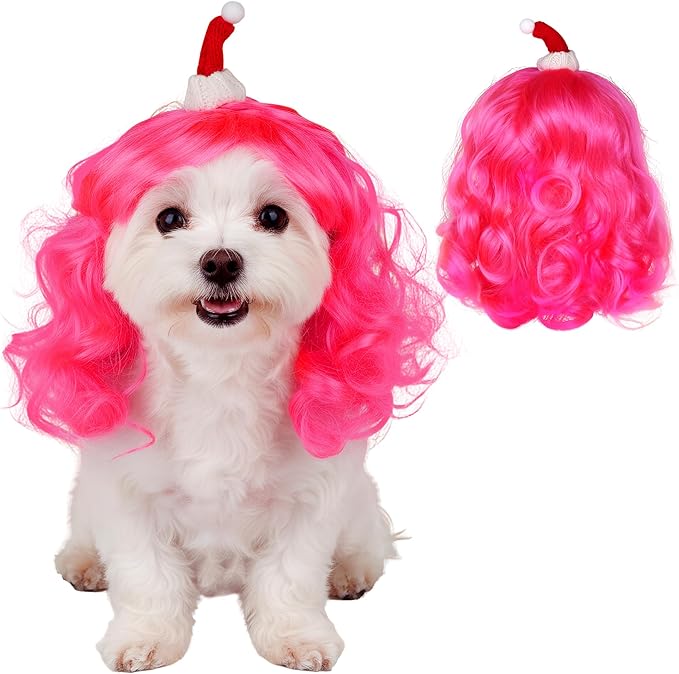 Christmas Dog Cat Pet Wig for Small Medium Large Dog Cosplay Costumes (Pink)