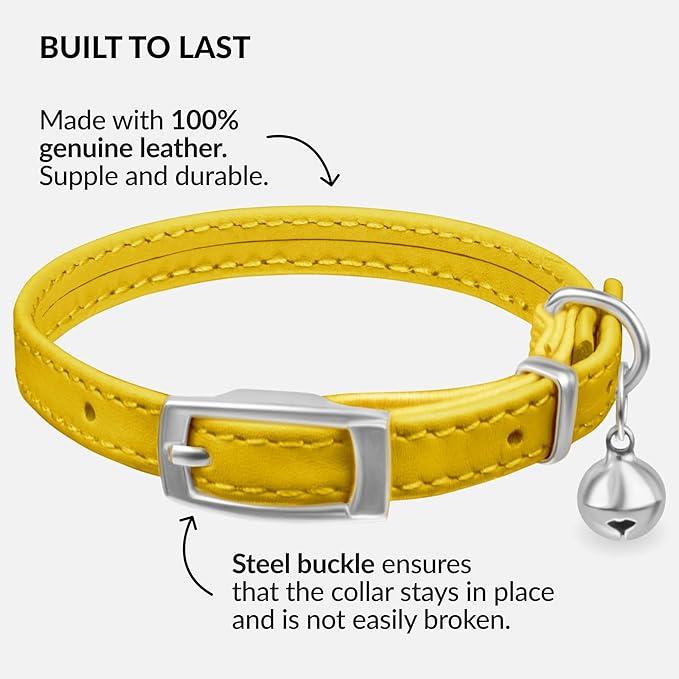 CollarDirect Leather Cat Collar with Removable Bell – Safety Elastic Strap (Breakaway Alternative) – Kitten Collar for Small & Big Boy & Girl Cats