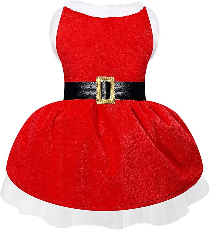 Dog Christmas Dress Santa Costumes: Puppy Girl Dresses Holiday Theme Doggie Xmas Apparel Party Skirts with Belt, Winter Warm Christmas Dog Clothes, Pet Cat Outfit (Red, M)