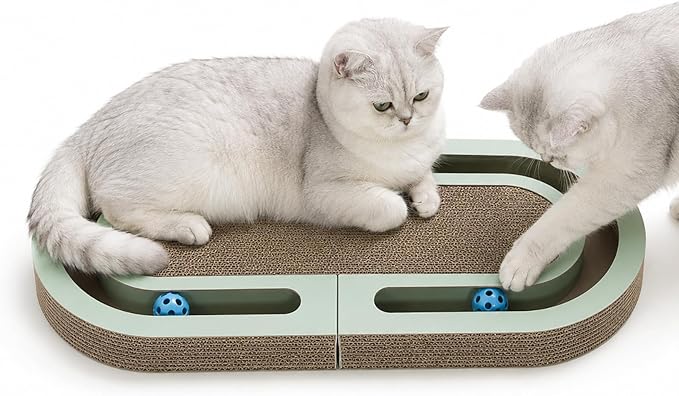 Interactive Cat Scratcher Lounge for Indoor Cats, 26" Large Foldable Cat Scratcher with Ball Track, Double-Sided Corrugated Cat Scratch Pad Bed for Scratching, Playing, Lounging & Relaxing