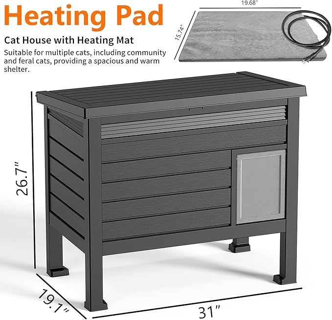 Outdoor Heated Cat House for Outside, Insulated Cat House Outdoor Weatherproof with Heated Pad & Air Rods for Winter, Large Outside Cat Shelter with Raised Floor & Ground Spike for Feral Cats, Black