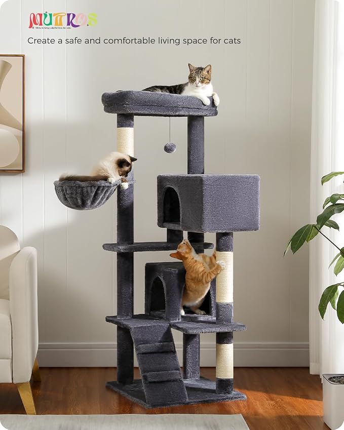 MUTTROS Cat Tree for Large Cats Adult with Super Large Top Perch, 56.3" Tower with Plush Hammock, Shelves and Dangling Pompom, Scratching Posts and 2 Condos House, Dark Gray