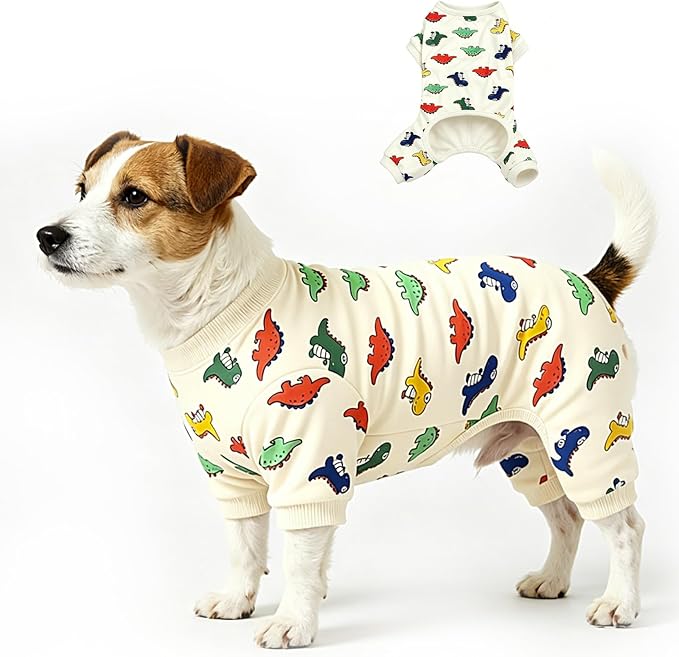 Dog Pajamas Polyester Dog Pajama Cozy Dog Pjs Soft Dog Onesie Pajamas for Dogs Stretchy Dog Pajamas Dog Clothes with Dinosaur Pattern, X-Large