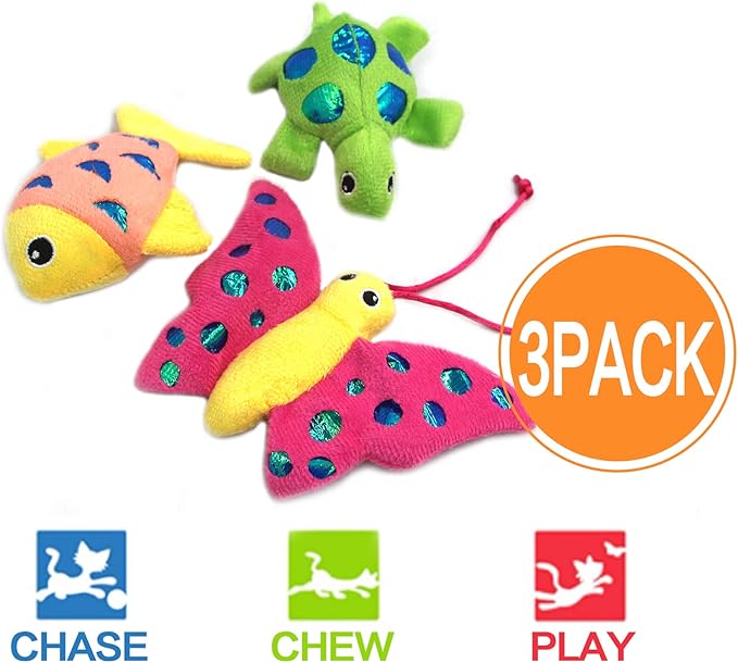 Catnip Toys Crinkle Paper, 3 Pack Cat Toys with Catnip, Cat Chew Toy for Indoor Cats, Fish Turtle Butterfly Catnip Toys