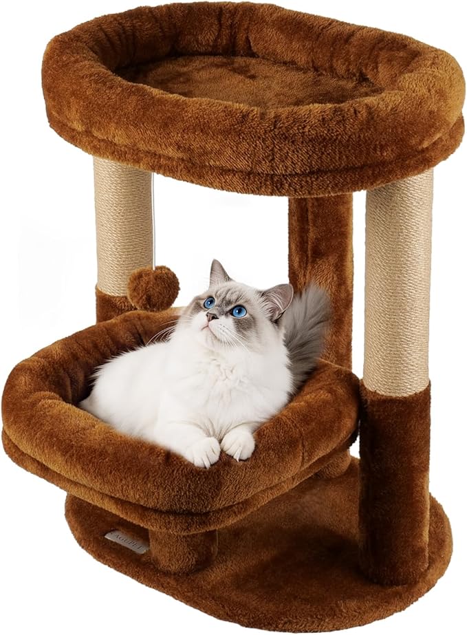 Cat Tree for Indoor Cats, Compact 2-Tier Cat Tower with Padded Donut Beds, Cozy Plush Cat Perch for Small to Medium Cats, Sisal Scratching Posts & Hanging Toy (Mocha Brown)