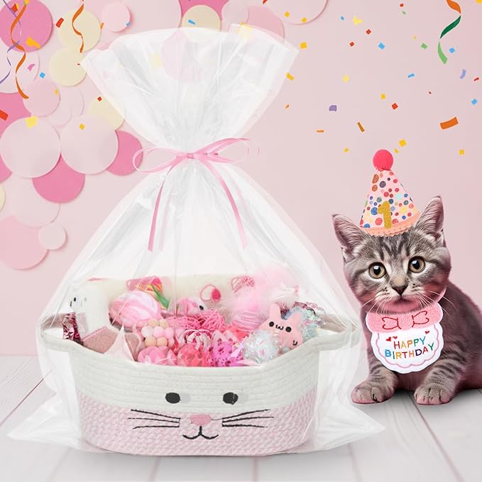 Zopeal Graduation Cat Toy Set Interactive Cat Toys Pack Including Feather Teaser Wand Plush Gift Outfit Mice Crinkle Balls and Pet Bell Balls, Puzzle for Indoor Cats Gift Basket for Kitten(Pink)