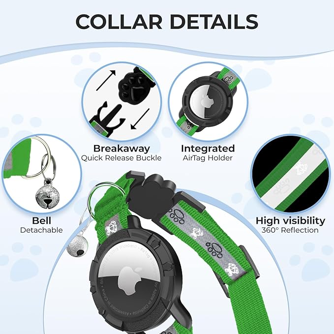 Breakaway AirTag Cat Collar, Reflective Cat Tracker Collar with Air Tag Holder and Bell, Safety Elastic Band Cat GPS Collars for Girl Boy Cats, Kittens and Puppies (Emerald, 8-13'')