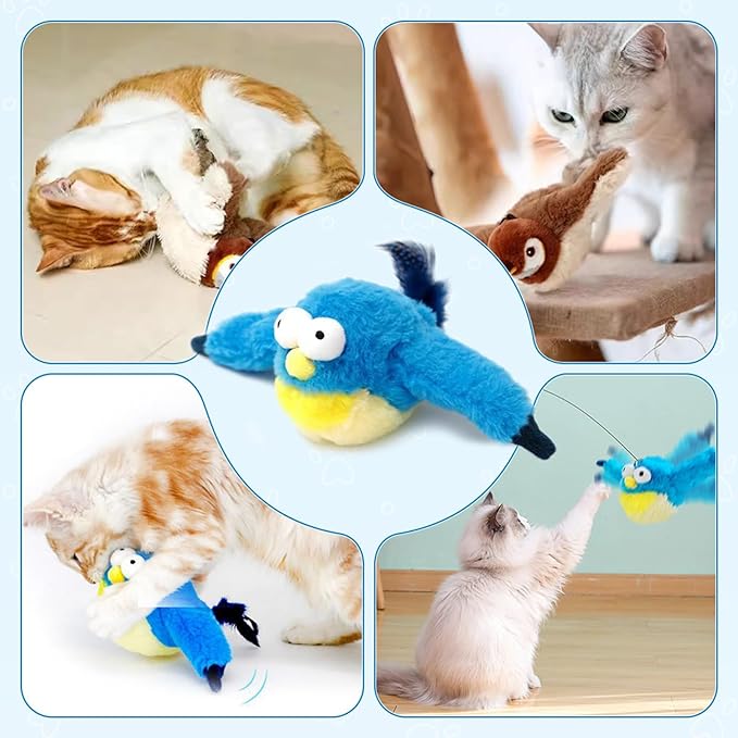 Interactive Chirping Bird Cat Toys with Flapping Wings,New Flying Birds Cats Toy, Flying Simulation Electric Sparrow Shaking Hunting Pet Toy for Indoor (Blue)