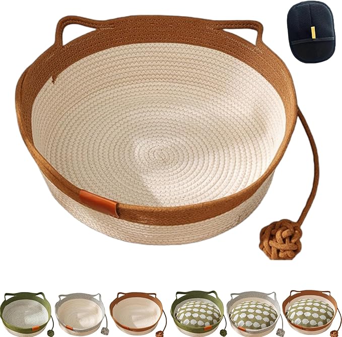 Cotton Rope Woven Cat Basket, Pets Hand Woven Cotton Bed Basket, Round Cat Sleeping Nest with Built-in Scratching Pad and Play Ball for Cats and Dogs All-Season (Khaki-A, Medium)