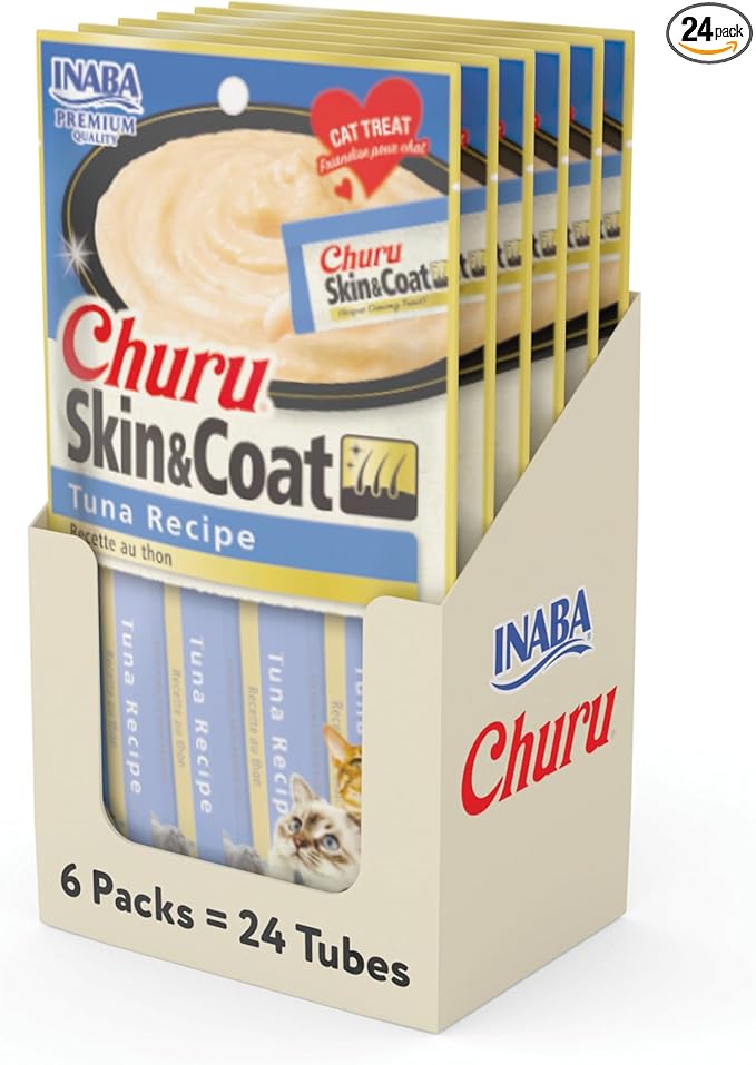 INABA Churu for Skin & Coat, Lickable, Squeezable Cat Treat with Omega Oils, Taurine and Vitamin E, 0.5 Ounces Each Tube, 24 Tubes, Tuna Recipe
