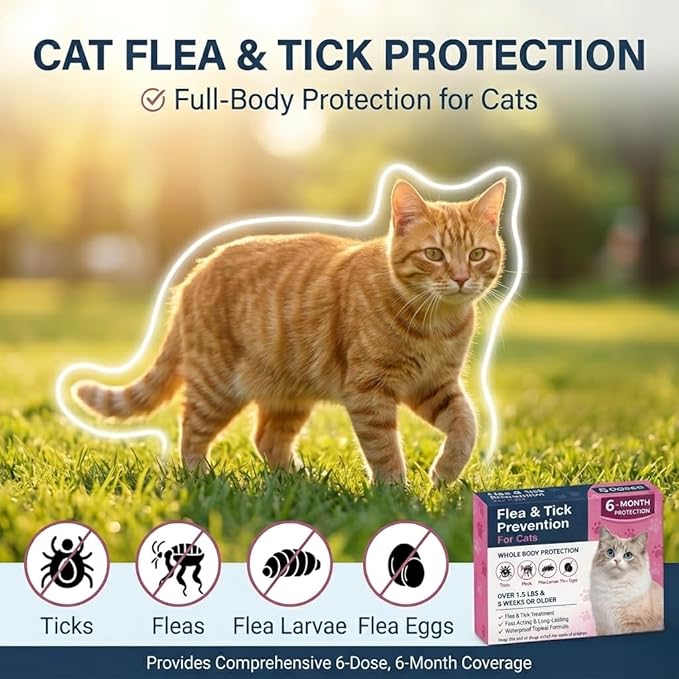 Cat Dewormer Topical Flea & Tick for Cats & Kittens, Monthly for Cats Over 1.5 lbs & 8 Weeks or Older, 6 Doses Supply Fast-Acting & Long-Lasting Waterproof Drops