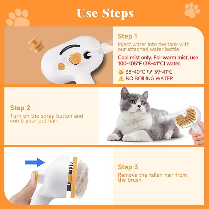 Pet Steam Brush Dog Cat 2026 New Grooming Comb for Shedding, Floating Hair, Smooth & Detangling, Gentle Cool Mist Softens Hair Reduces Static Helps Pets Who Dislike Bathing,Includes Waterless Shampoo